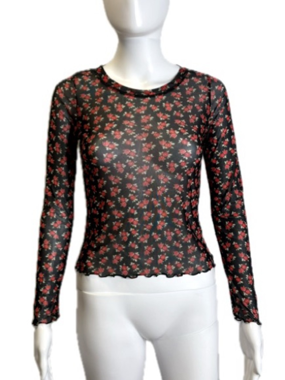 Sheer Black Mesh Floral Rose Print Long Sleeve Tee Size XS Crewneck Lettuce Hem
